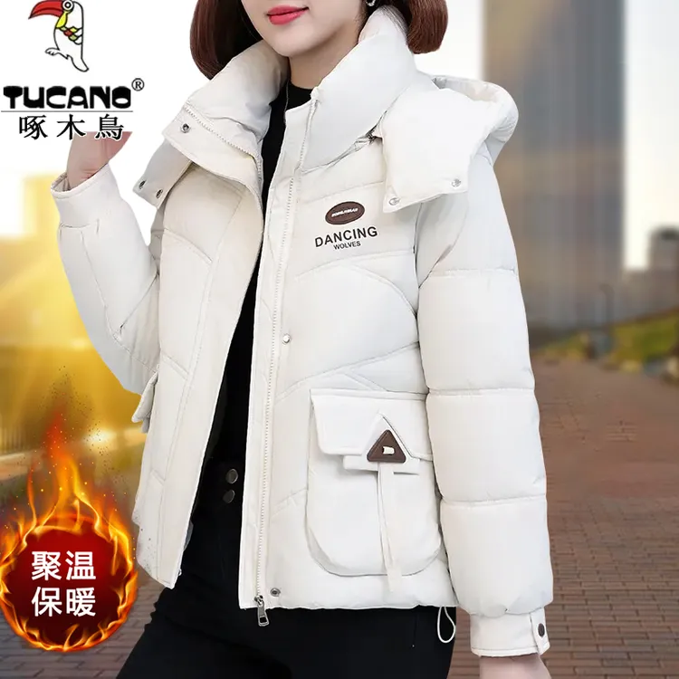 啄木鸟冬季新款时尚有型舒适外穿连帽棉衣女气质百搭加厚保暖棉服