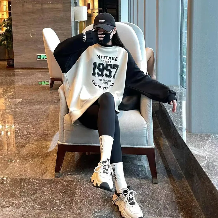 美式复古洋气春秋薄款卫衣女宽松拼接时尚百搭慵懒风加绒上衣潮牌