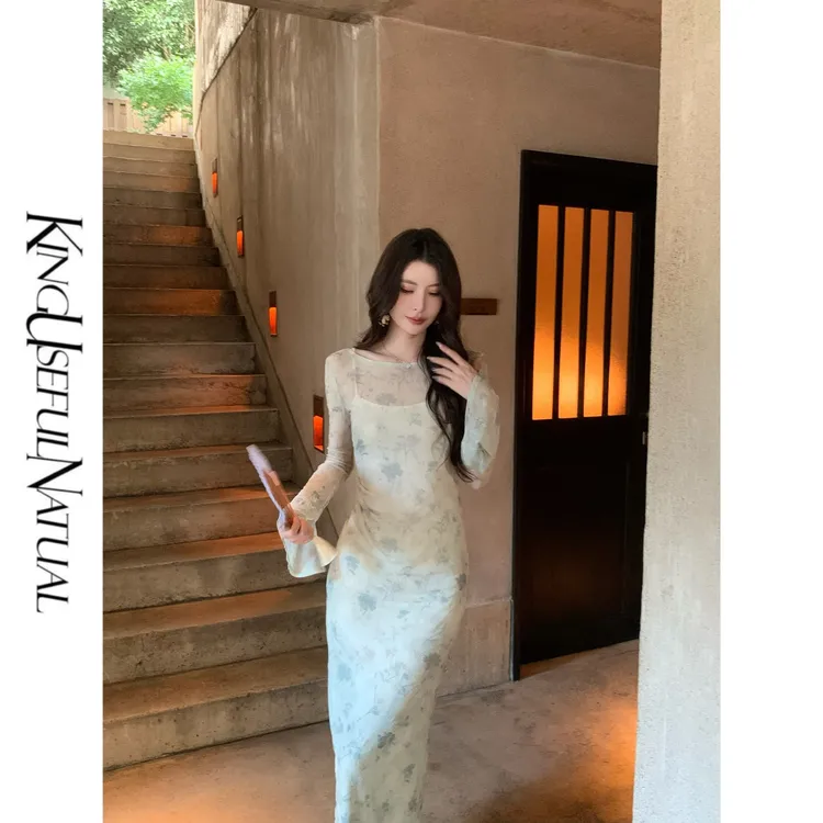 KUN【夏野森绘】优雅如此 植绒印花小复古网纱面料一字领长袖连衣裙