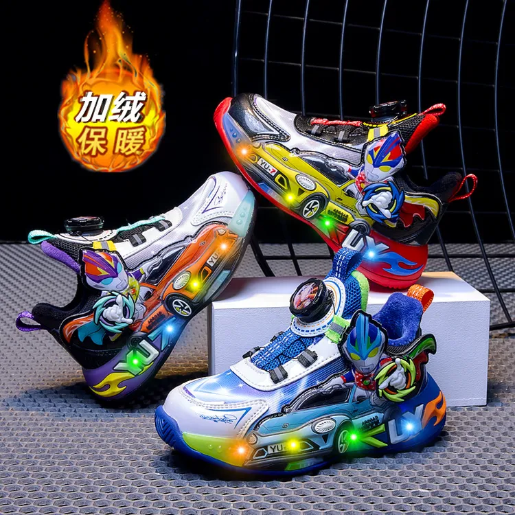 奥特曼发光鞋男童女童运动鞋2025新款秋冬儿童加绒风车跑步鞋童鞋
