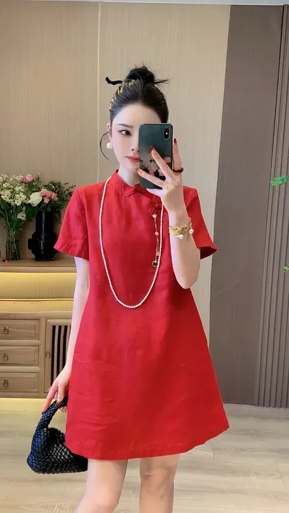 新中式国风亚麻雨露麻旗袍裙连衣裙裙子女淑女法式轻奢a摆半身裙