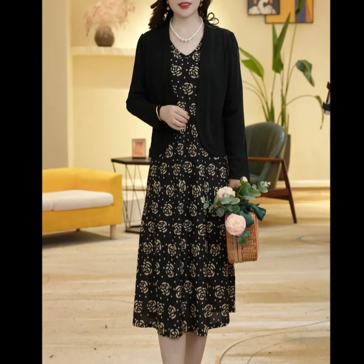 2025女装连衣裙气质夏季百搭裙子加外披套装蕾丝时尚碎花复古长袖