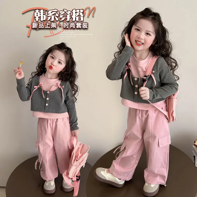 女童春季休闲套装2025新款儿童洋气假两件工装裤春秋时髦两件套