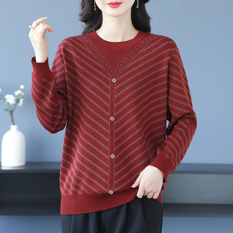 圆领条纹上衣宽松时尚大码女装胖mm打底衫春秋百搭洋气减龄针织衫