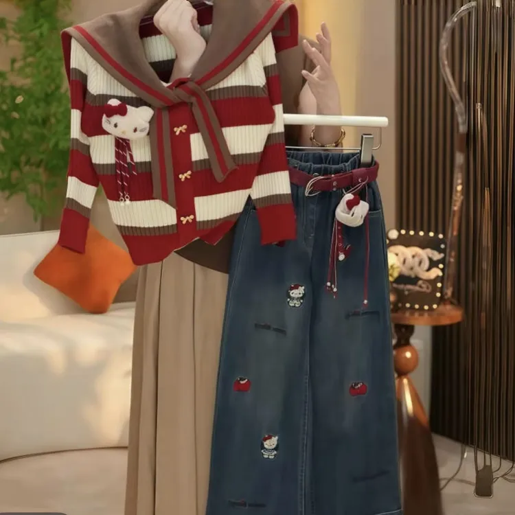 女童送腰带猫咪条纹红色针织衫秋冬新款中大童显瘦百搭毛衣套装潮