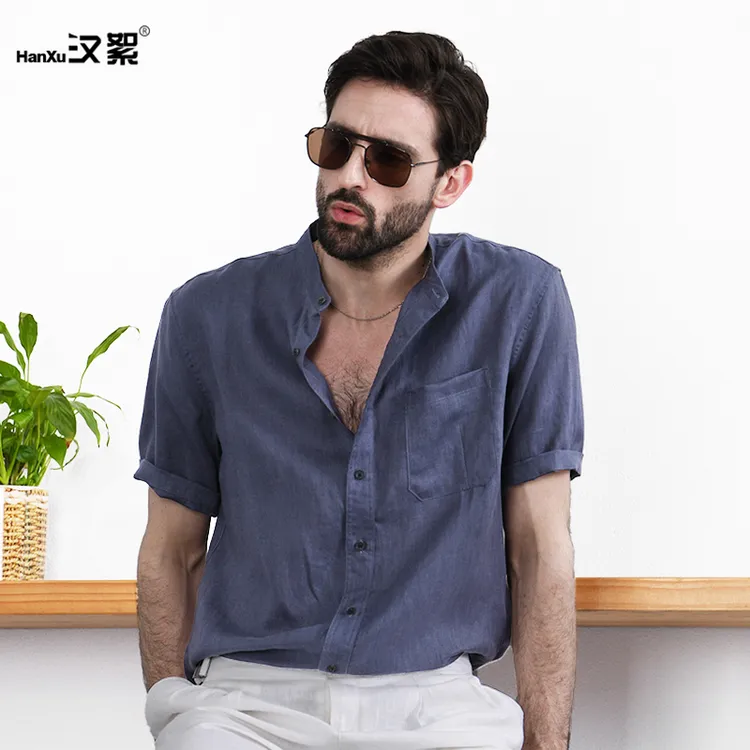 汉絮薄款透气亚麻短袖衬衫男士夏季宽松休闲纯色麻料立领男装衬衣