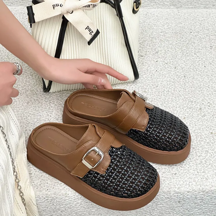 BOLIKA/柏丽卡复古港风中跟厚底百搭包头拖镂空半拖凉鞋K5509-201