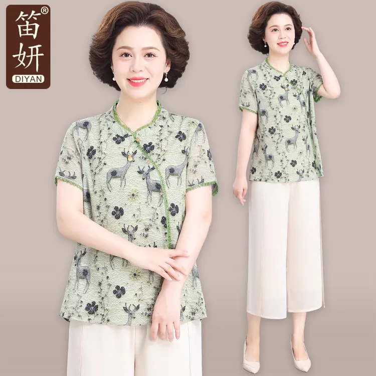 妈妈装夏短袖提花中式上衣中老年人衣服夏季女装国风T恤小衫套装