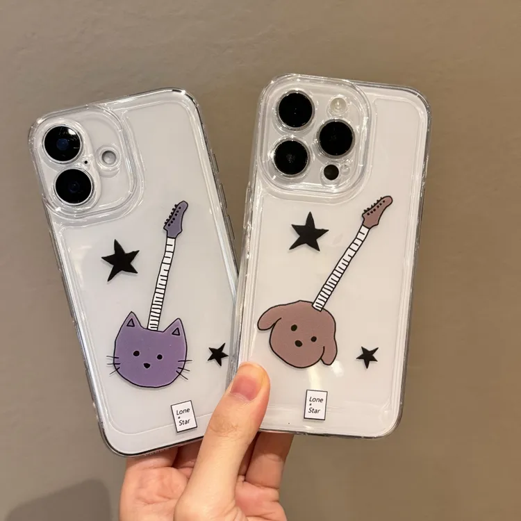 吉他星星小猫适用苹果16promax情侣手机壳15太空壳小米华为14防摔