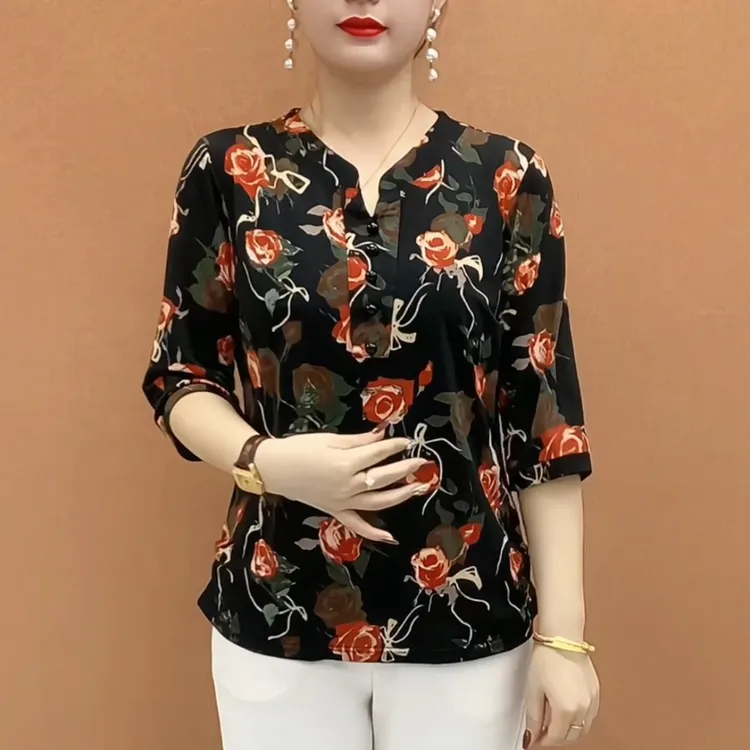 新款时尚五粒扣立领百搭小衫气质妈妈装宽松遮肚子显瘦短袖上衣