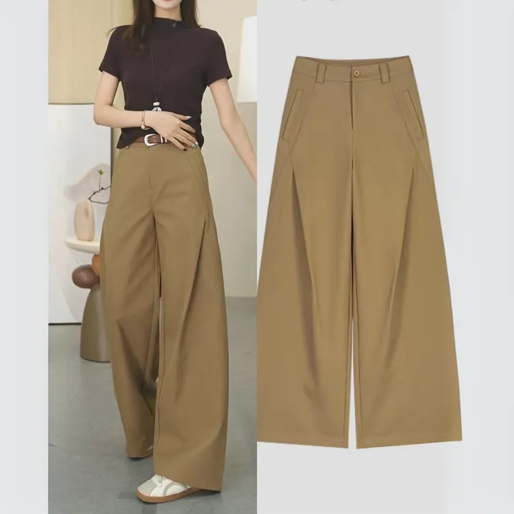 卡其色垂坠感阔腿裤女2025年秋季新款高腰宽松直筒裤百搭休闲长裤