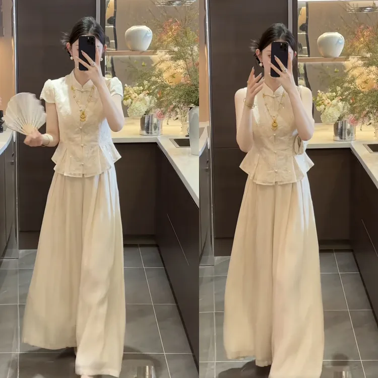 新中式国风夏季穿搭一整套温柔风短袖上衣长裤时尚两件套
