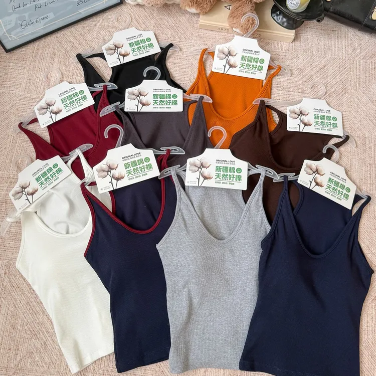 【高品质乳胶胸垫】辣妹挂脖吊带工字背心女螺纹新疆棉外穿内搭2703