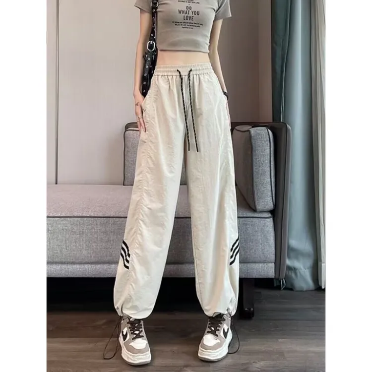 美式冰丝速干工装裤女夏黑色侧条杠束脚阔腿裤抽绳两穿休闲运动裤