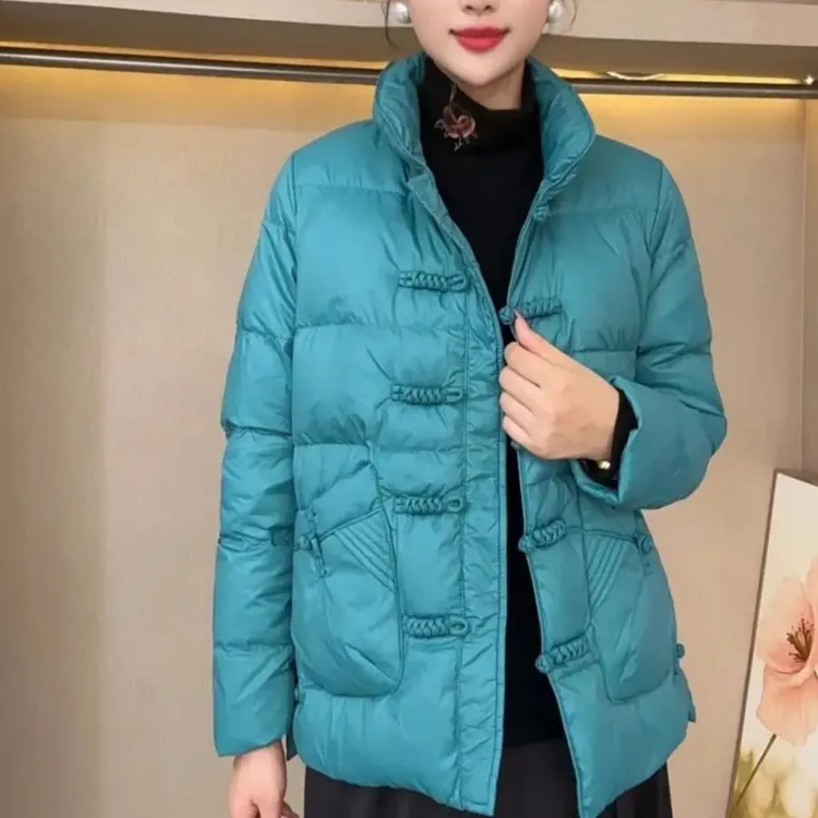 高档2025冬季新款网红立领国风新中式大口袋纯色盘扣保暖羽绒服外