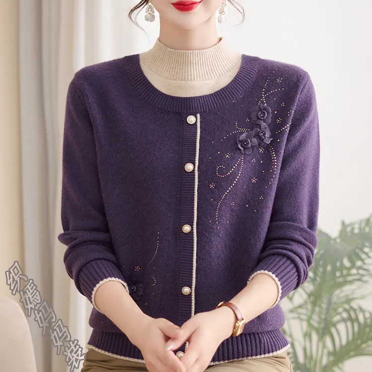 中年妈妈秋装针织半高领打底衫2025新款中老年女装假两件百搭上衣