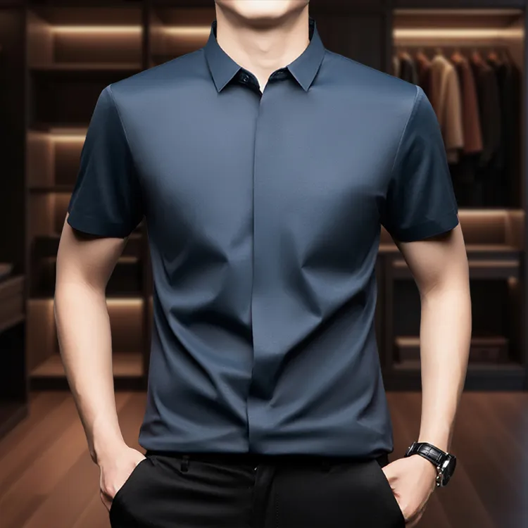 夏季新款无痕含蚕丝纯色衬衫男士爸爸装休闲中年商务短袖休闲衬衣
