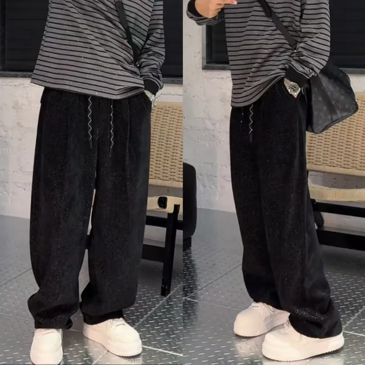 语乐同款满天星银丝编织灯芯绒男士秋季直筒裤百搭宽松弯刀休闲裤