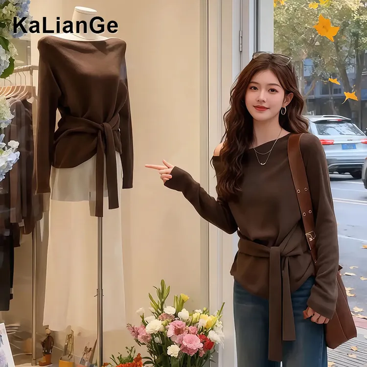 卡莲格/大码女装设计感不规则斜肩绑带T恤秋季修身显瘦打底衫上衣