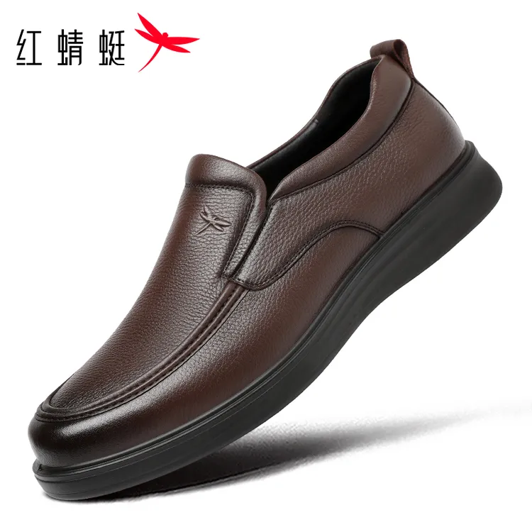 红蜻蜓男鞋秋款真皮一脚蹬头层牛皮商务休闲皮鞋男防臭防滑爸爸鞋