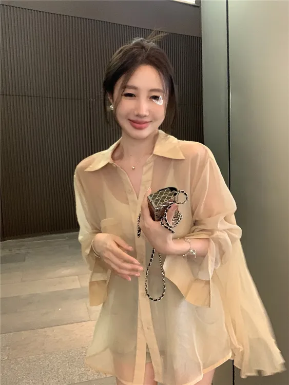 法式设计感个性防晒衣女夏季长袖薄衬衫洋气垂感罩衫微透上衣开衫