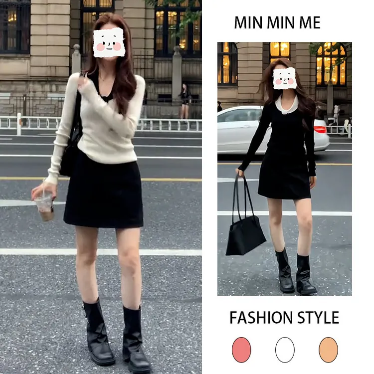 2025秋季新款设计感拼接修身型长袖上衣女搭配休闲半身短裙两件套