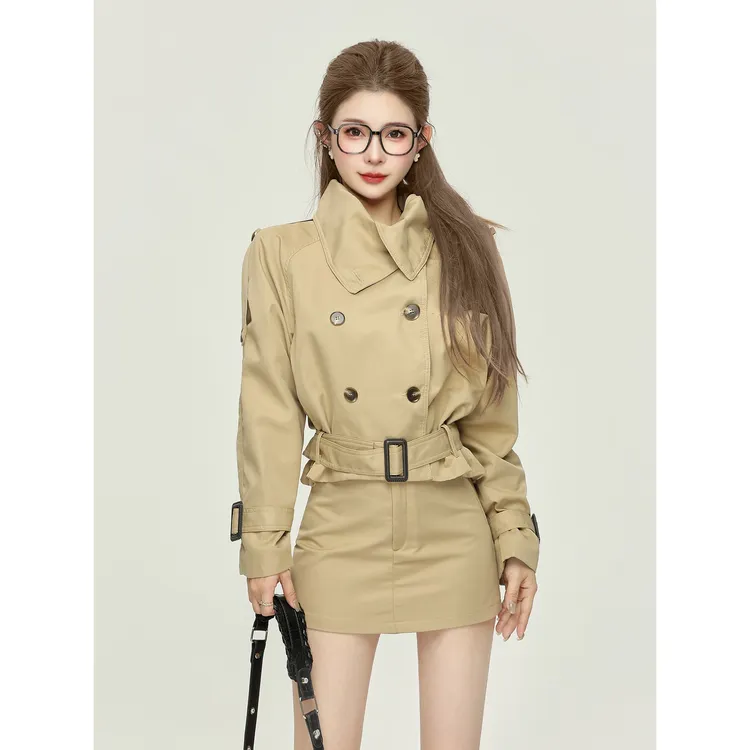 小P衣站初秋穿搭高级感套装裙女短款风衣外套高腰包臀短裙两件套
