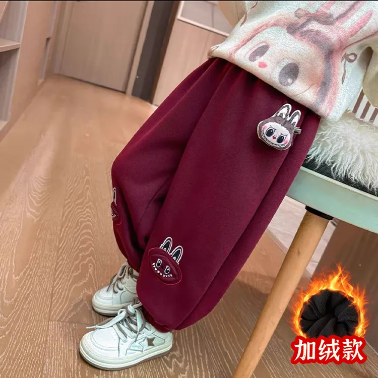 儿童秋款加绒卫裤女童卡通玩偶长裤子刺绣学生百搭一体绒卫裤潮酷