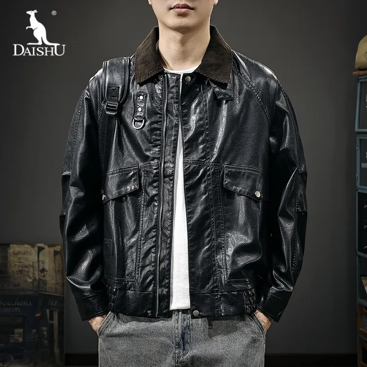 Dai Shu/袋鼠美式休闲老钱风PU皮衣夹克男秋季新款灯芯绒翻领外套