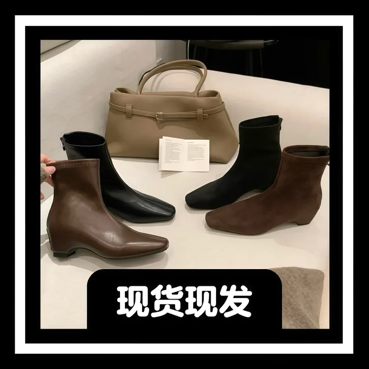 增高6cm通勤瘦瘦靴秋冬新款方头弹力绒面短靴女粗跟高跟女靴黑色