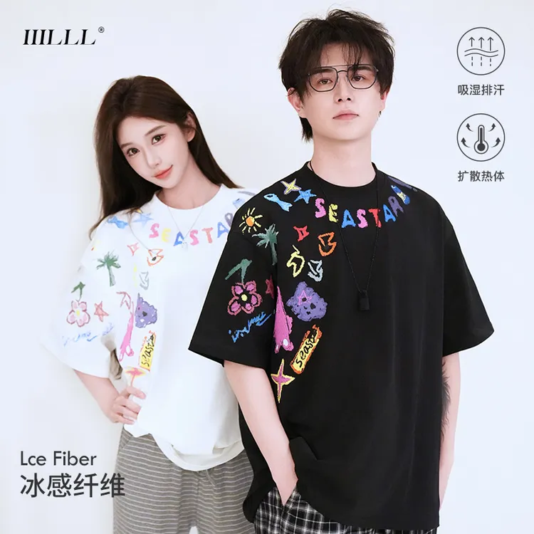 IIILLL童锦程T恤夏美式潮牌创意卡通涂鸦高街印花半袖情侣款短袖