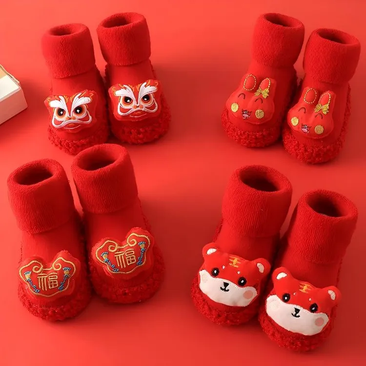 新生婴儿学步鞋袜宝宝地板袜软底秋冬加厚防滑新年百日大红色袜子