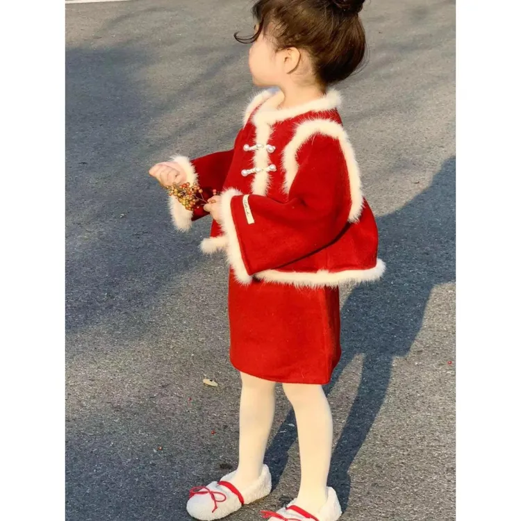 维多利亚圣诞节儿童服装女童新年拜年服中式毛呢外套春秋宝宝红色