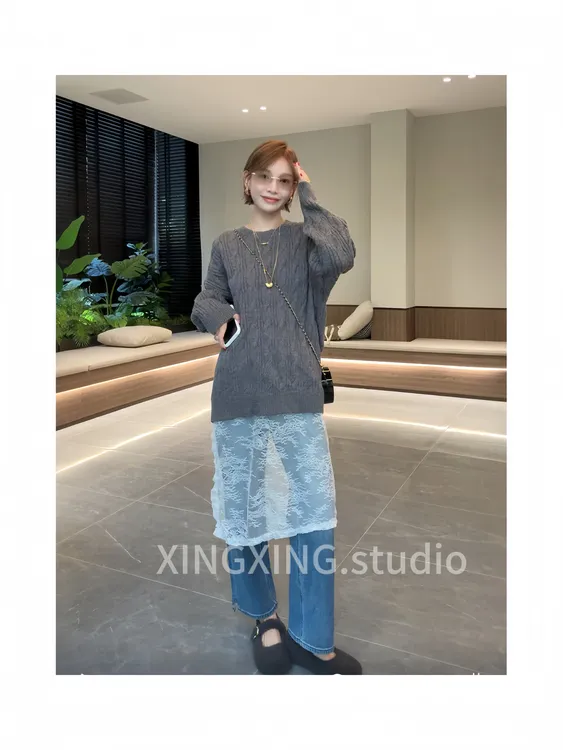 X.x.冬宽松慵懒风麻花毛衣拼接蕾丝女韩系复古加厚圆领针织衫356