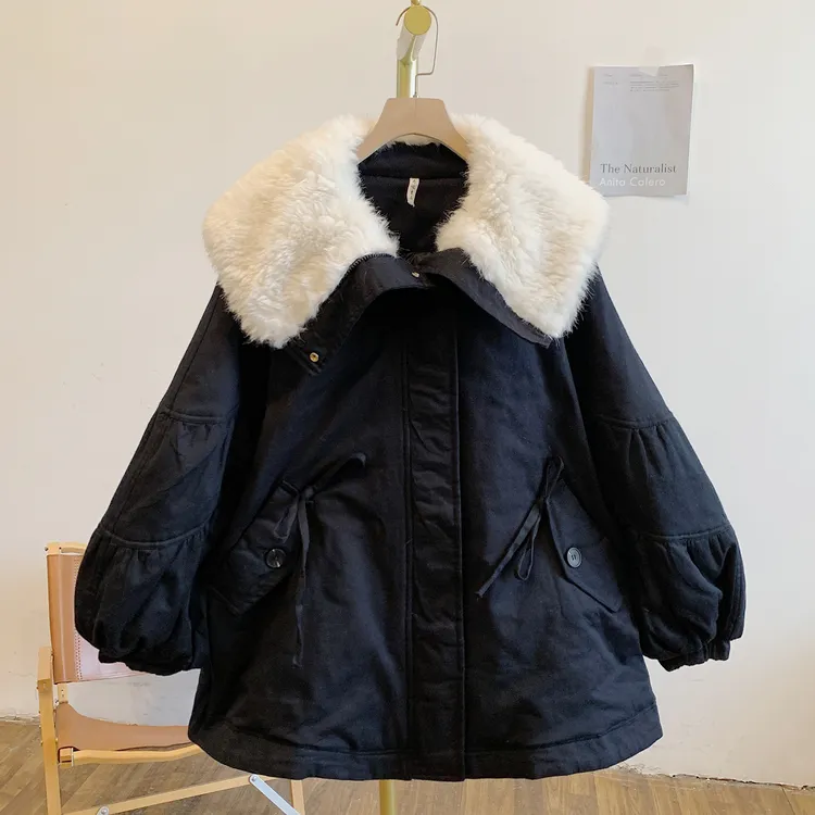 哈基米Y4138夹棉腰部下摆抽绳拉链毛绒拼接翻领棉衣