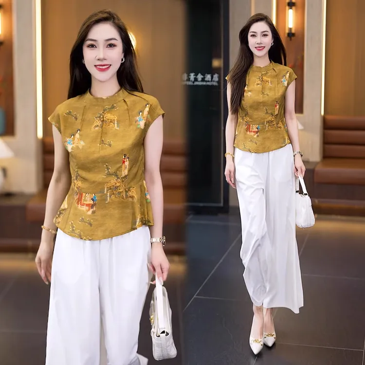 时尚套装女2025夏季新款时髦洋气新中式国风上衣阔腿裤气质两件套