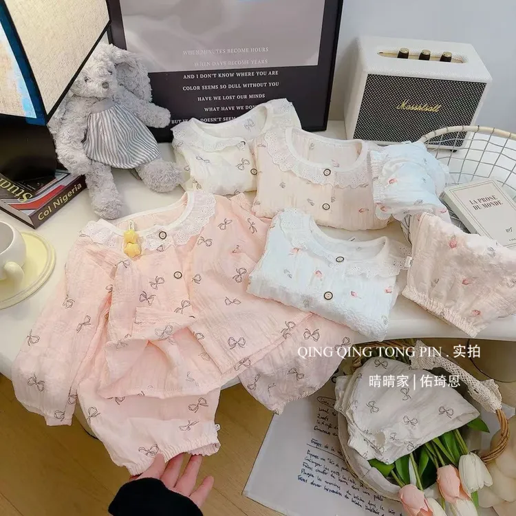 秋季新款家居服7分袖开衫童装翻领宝宝春秋娃娃领家居服套装