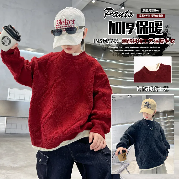 男童红色毛衣冬季新款儿童加厚针织衫男孩喜庆上衣保暖新年衣服潮