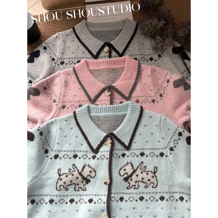 【泥美0339】瘦瘦不瘦-心愿小狗大码翻领羊毛开衫毛衣S02109