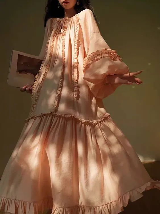 法式木耳边度假浪漫连衣裙慵懒宽松长裙