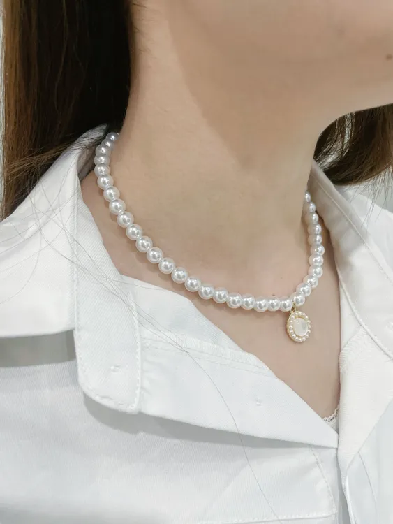合金仿珍珠项链 轻奢小众巴洛克珍珠项链女名媛猫眼石锁骨链颈链