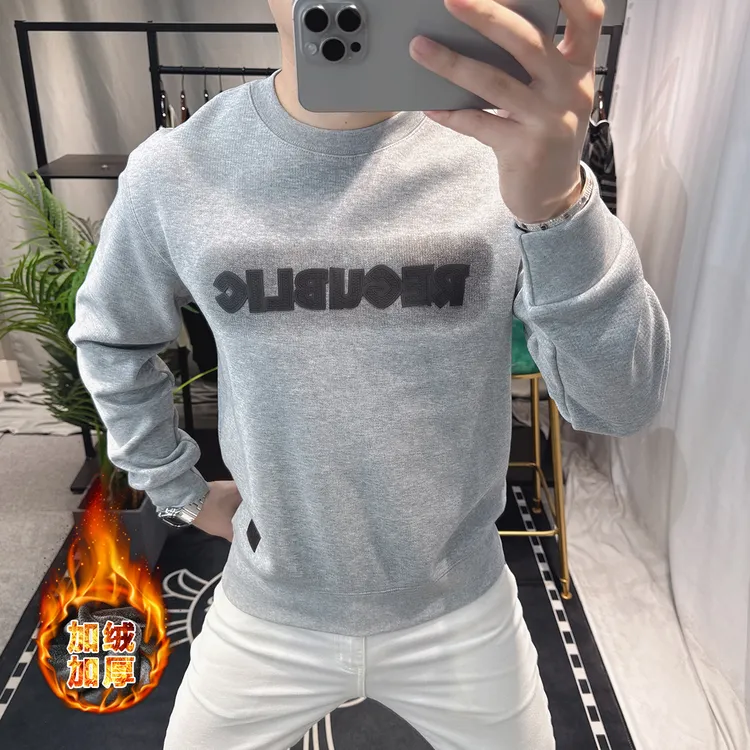 欧洲站帅气字母圆领卫衣男士秋冬款加绒加厚长袖百搭休闲上衣潮牌