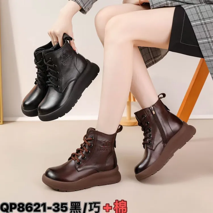 七喜鸟冬季加绒气质舒服橡胶底马丁靴真皮靴子秋冬新款-35短靴