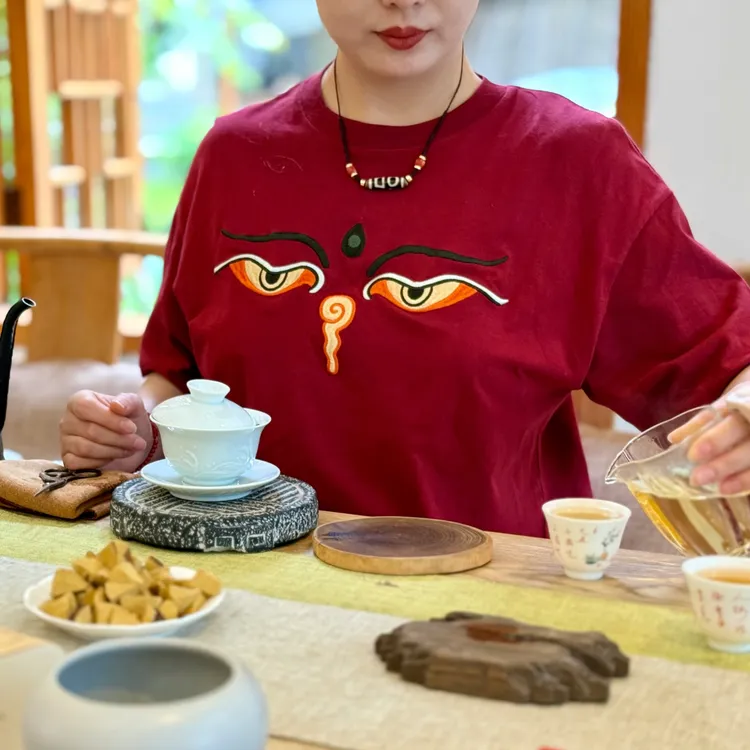 藏族文化刺绣般若法眼T恤衣服100%棉  男女同款圆领短袖
