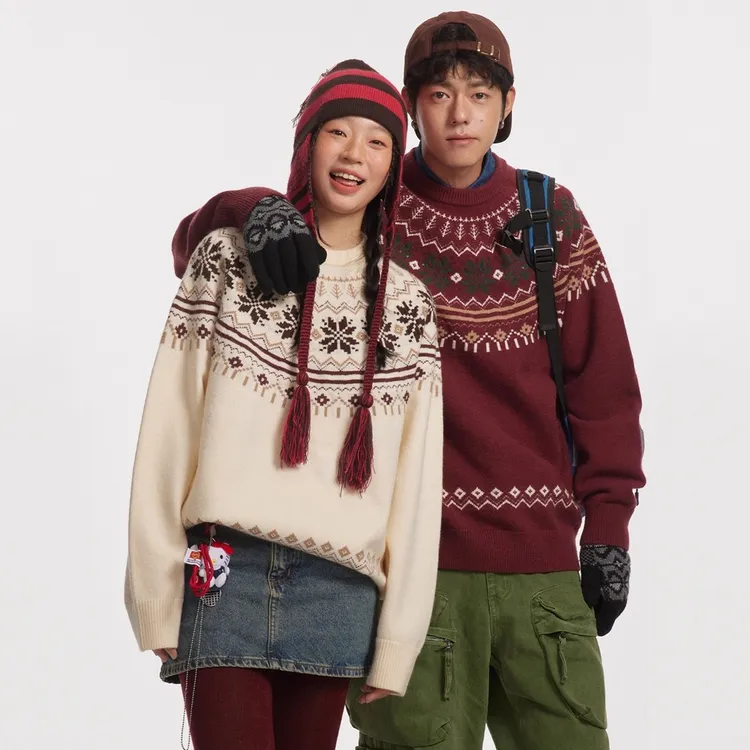美式复古费尔岛软糯感提花毛衣老钱风入秋高智感圣诞新年情侣毛衣