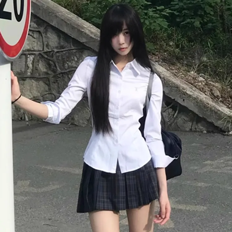 白色收腰长袖衬衫女春秋港风减龄小个子校供感衬衣jk制服套装上衣