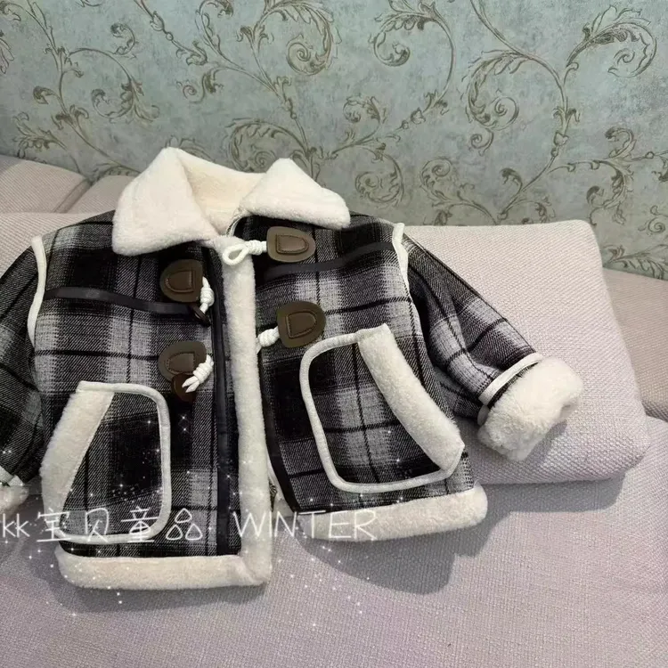 男童加绒外套2025款冬季格子呢子上衣潮牌服装新款男孩宝宝冬装潮
