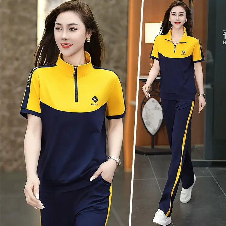 夏季运动服套装女2025新款拼色气质女士休闲夏天薄短袖显瘦两件套