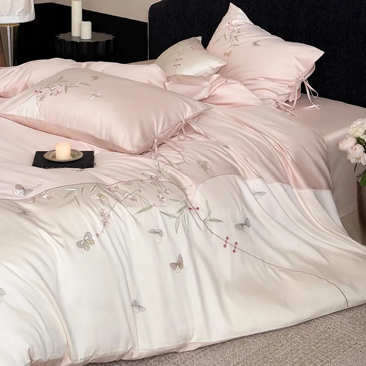 少女心长绒棉纯棉四件套简约竹叶蝴蝶刺绣被套全棉高级感床上用品