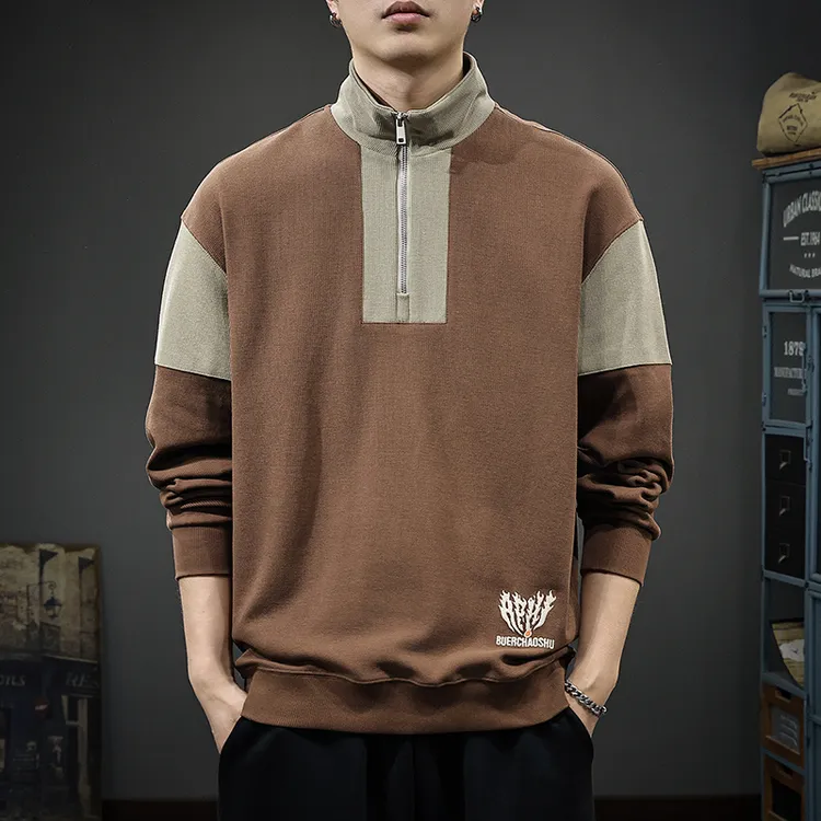 秋季新款重磅半拉炼翻领长袖卫衣男潮牌宽松休闲拼接撞色上衣外套